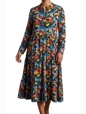 NWT Briton Court Long Sleeve Button Front Midi Dress Floral Bird Print XS